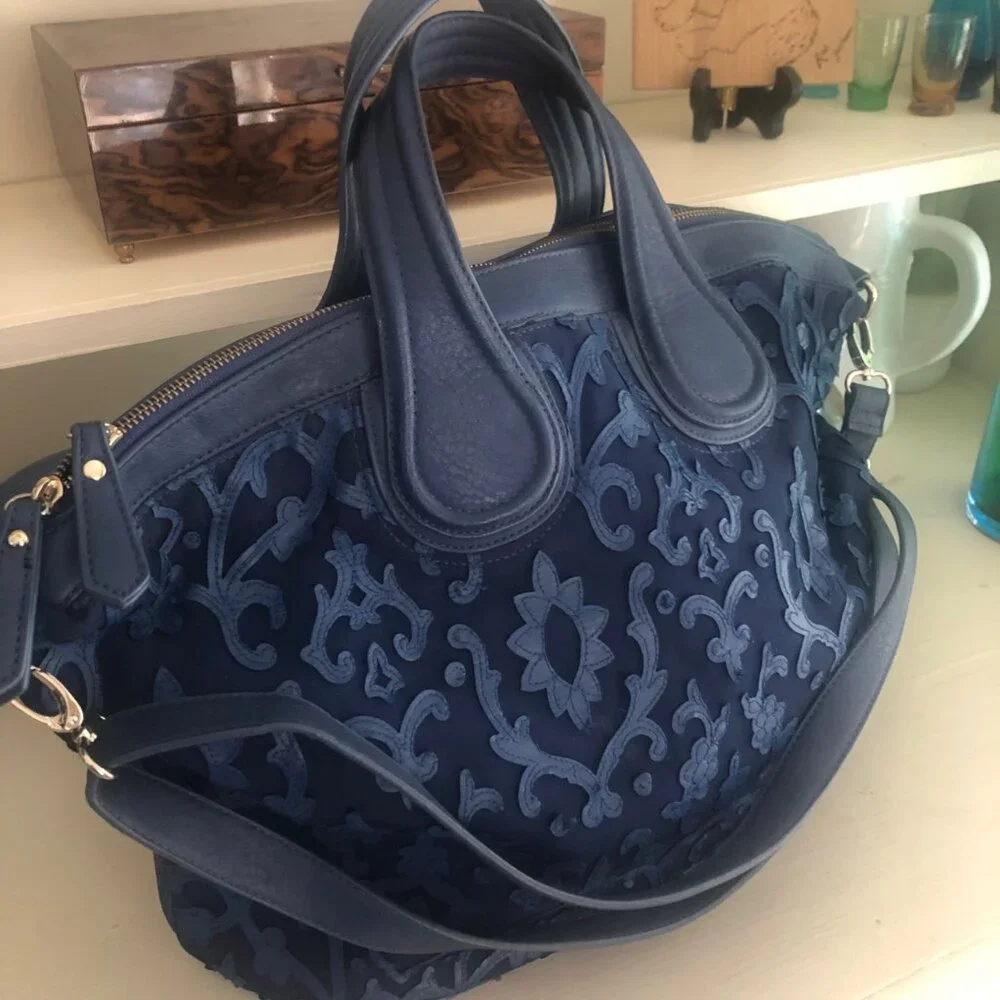Blue Vachetta Scroll Leather & Lace Satchel Tote Bag - Picture 2 of 14